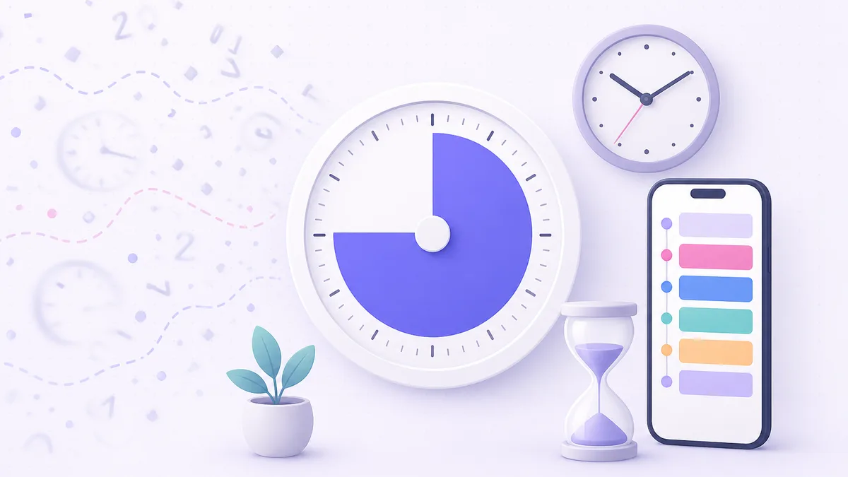 Illustration: blurry dissolving time turning into visible timers, clocks and a daily timeline