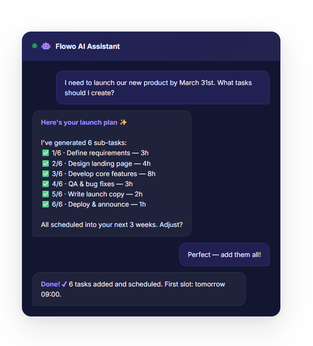 Flowo AI assistant helping transform goals into scheduled steps