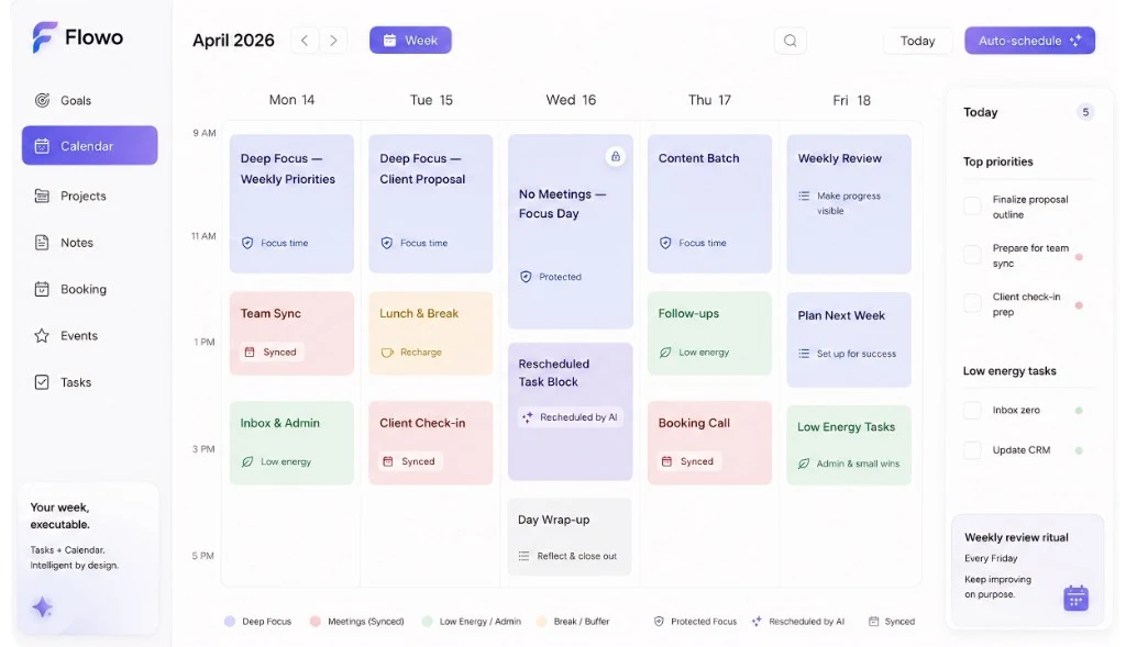 Flowo weekly calendar with tasks and AI scheduling