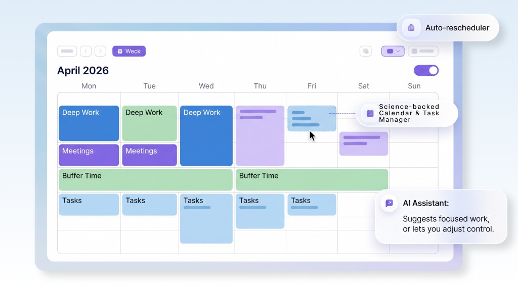 Flowo — organized week with focus blocks, auto-reschedule and AI assistant